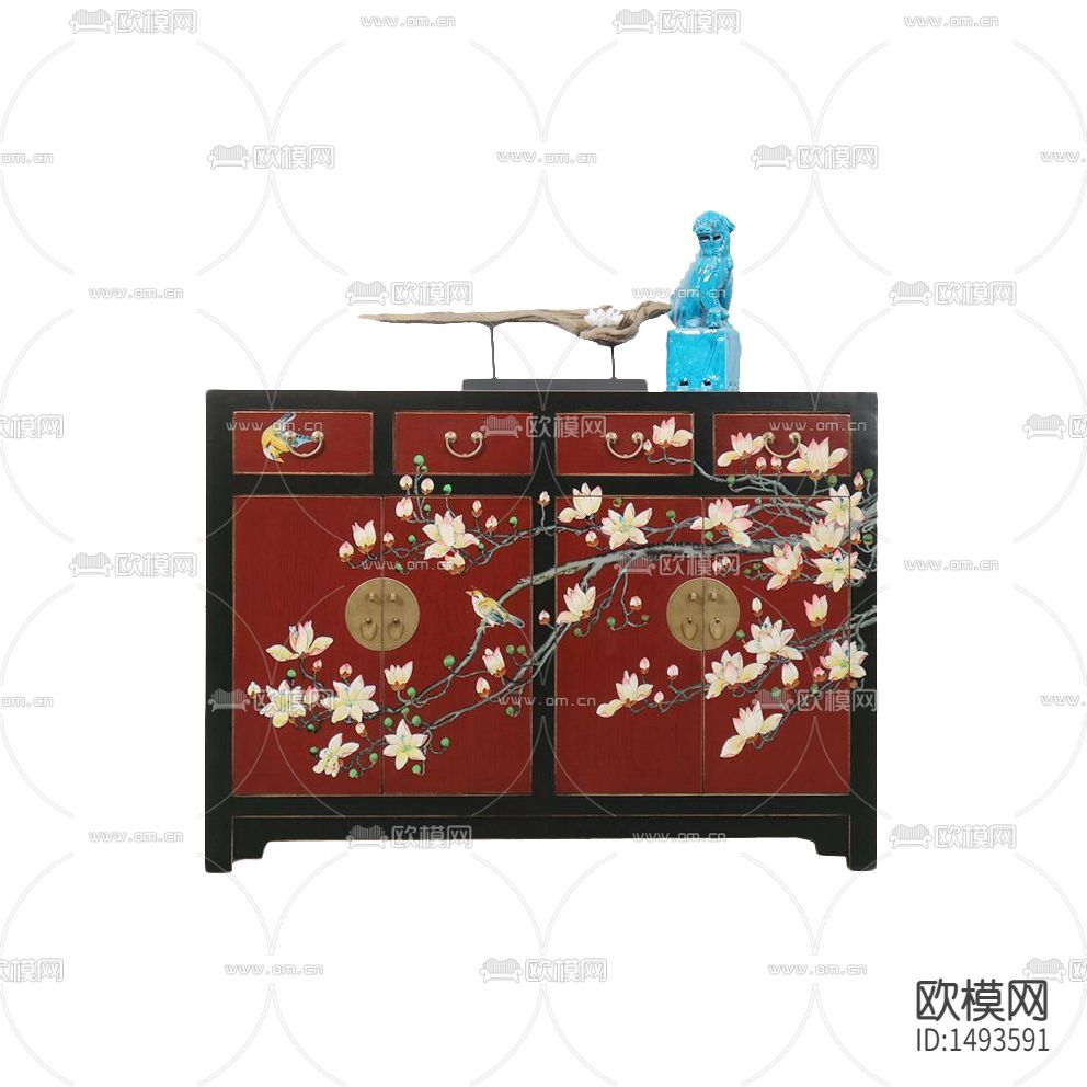 新中式禅意实木彩绘梅花边柜下载