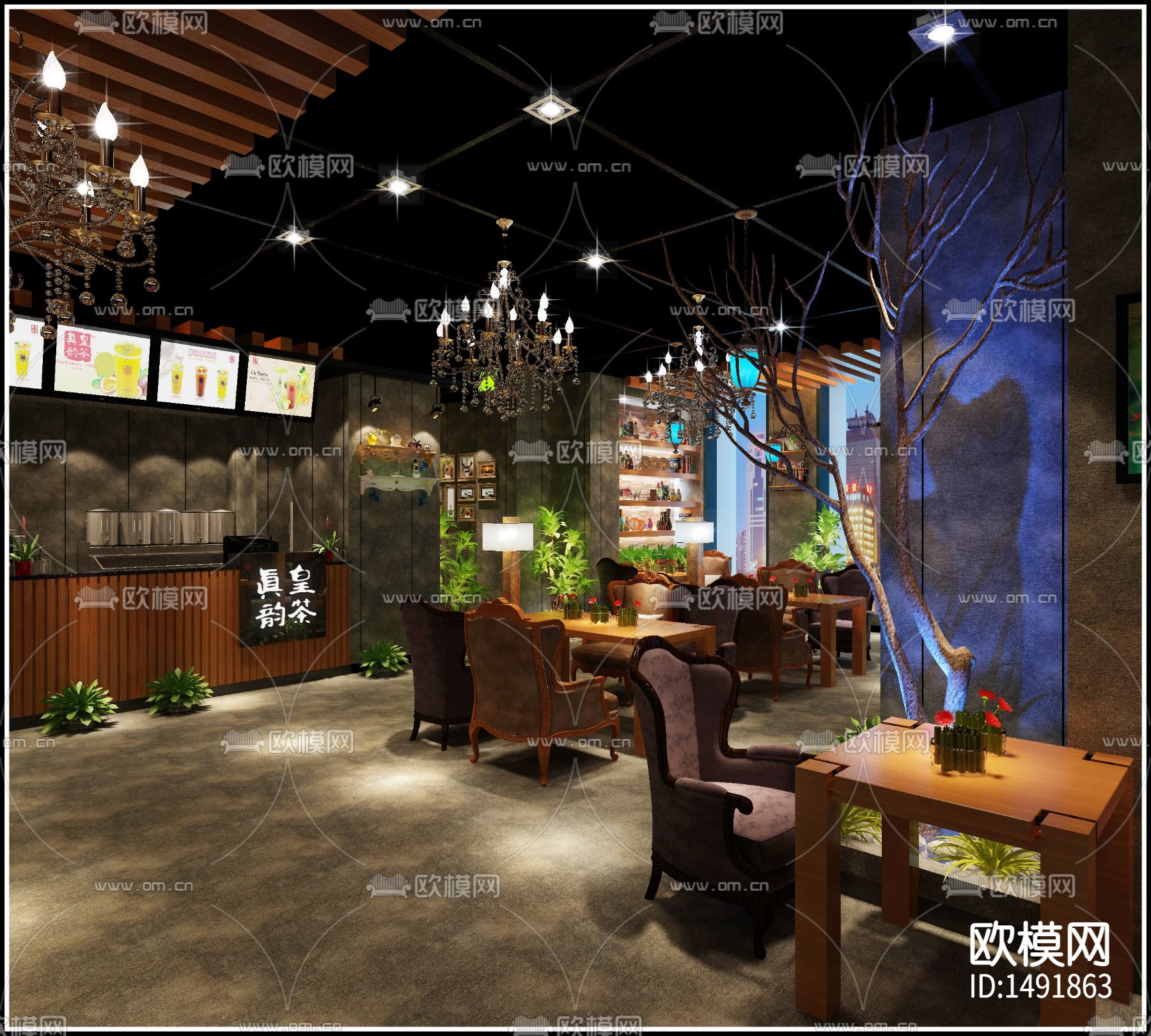 现代奶茶咖啡店设计施工图下载（渲染图3）