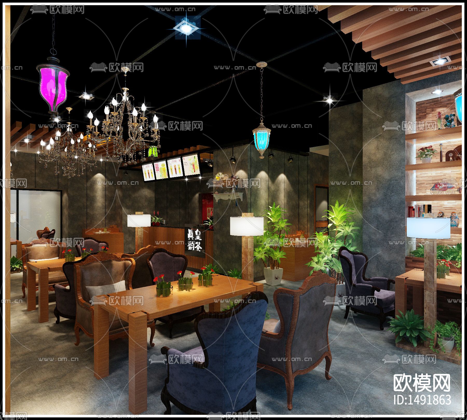 现代奶茶咖啡店设计施工图下载（渲染图1）