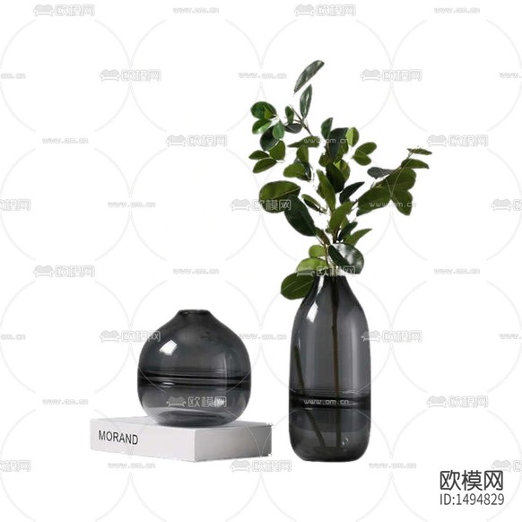 現(xiàn)代簡約深灰色玻璃花瓶擺放綠植下載
