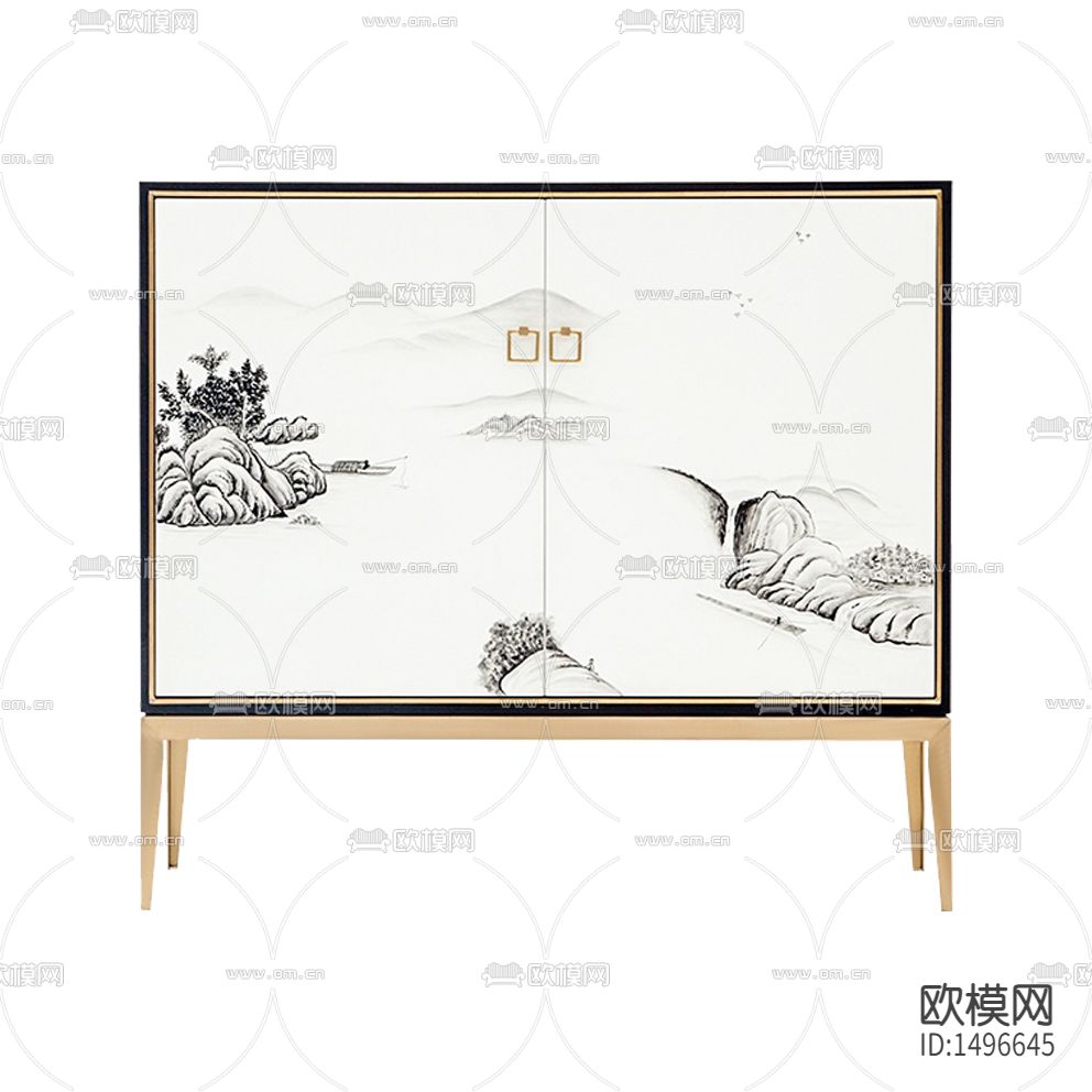 新中式禅意水墨画实木边柜下载