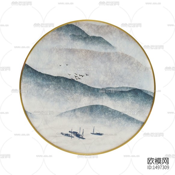 新中式禅意假山彩绘圆形装饰画下载