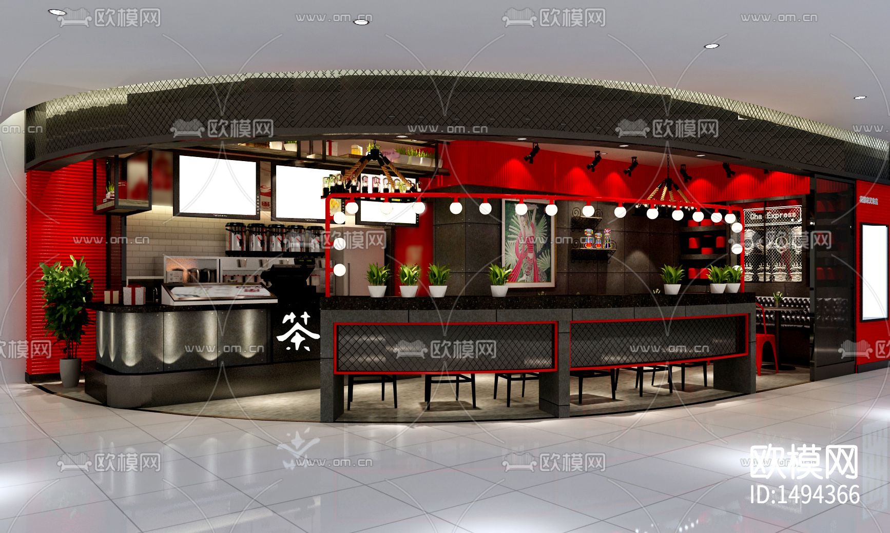 工业风奶茶咖啡店cad施工图下载（渲染图1）