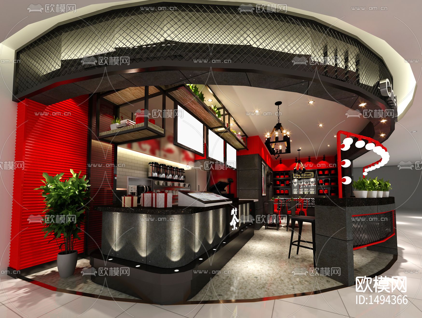 工业风奶茶咖啡店cad施工图下载（渲染图2）