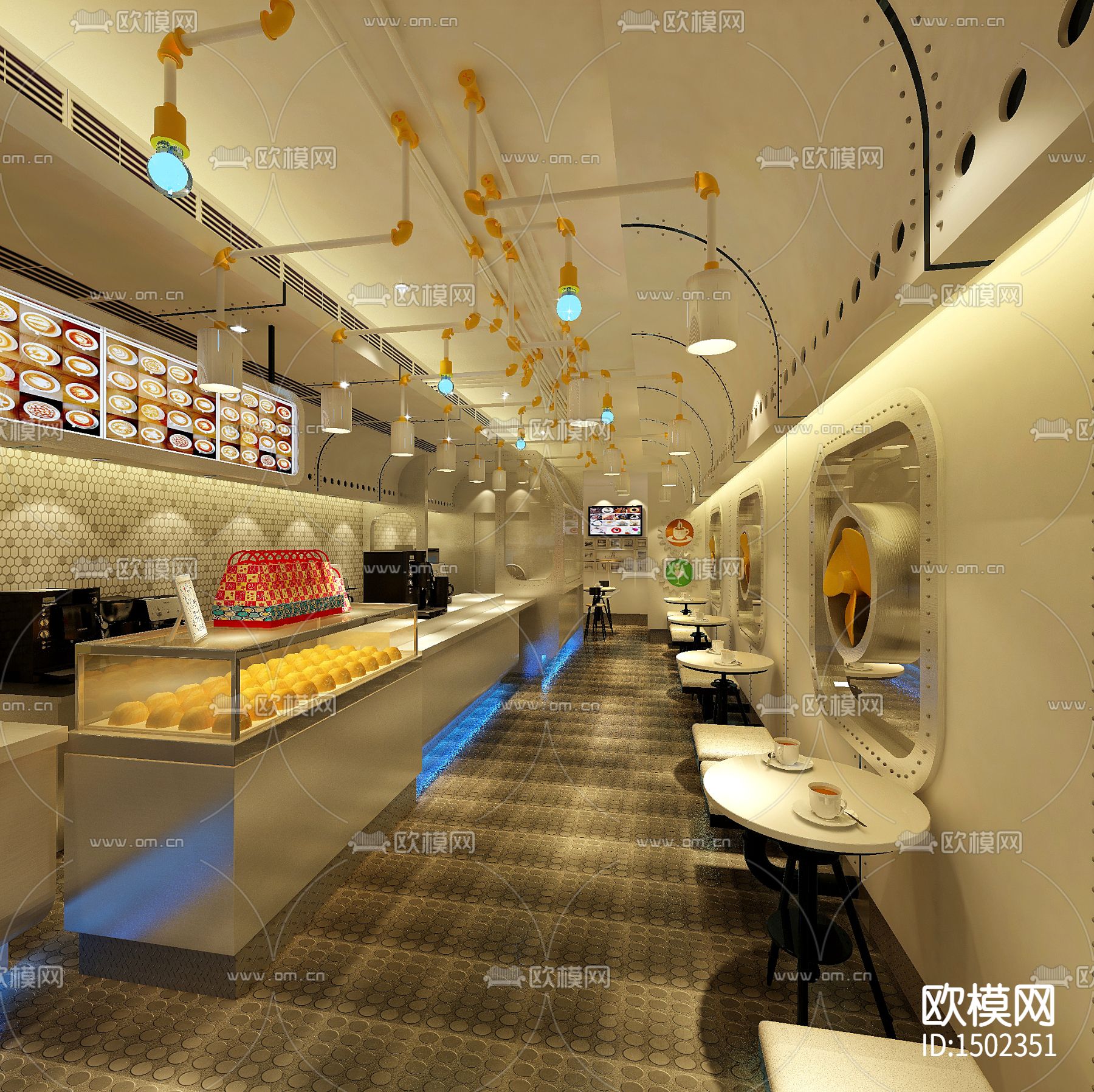 现代工业风咖啡店cad施工图下载（渲染图1）