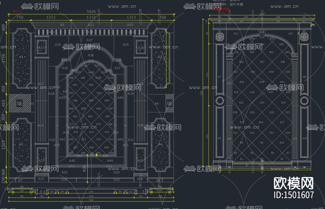 欧式背景墙cad立面图库下载（渲染图2）