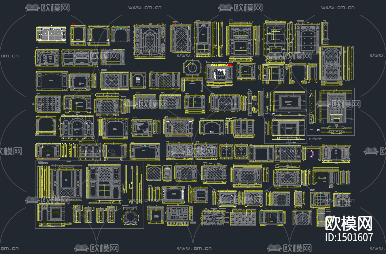 欧式背景墙cad立面图库下载（渲染图1）