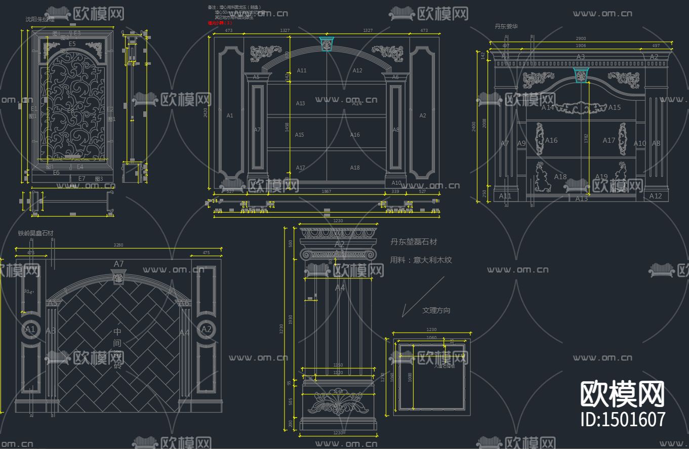 欧式背景墙cad立面图库下载（渲染图4）