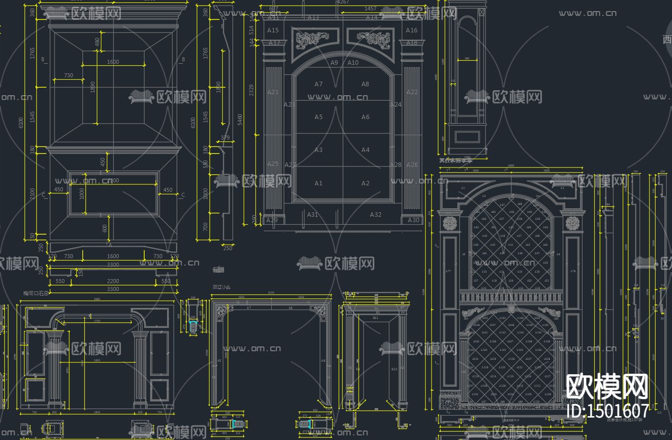 欧式背景墙cad立面图库下载（渲染图7）