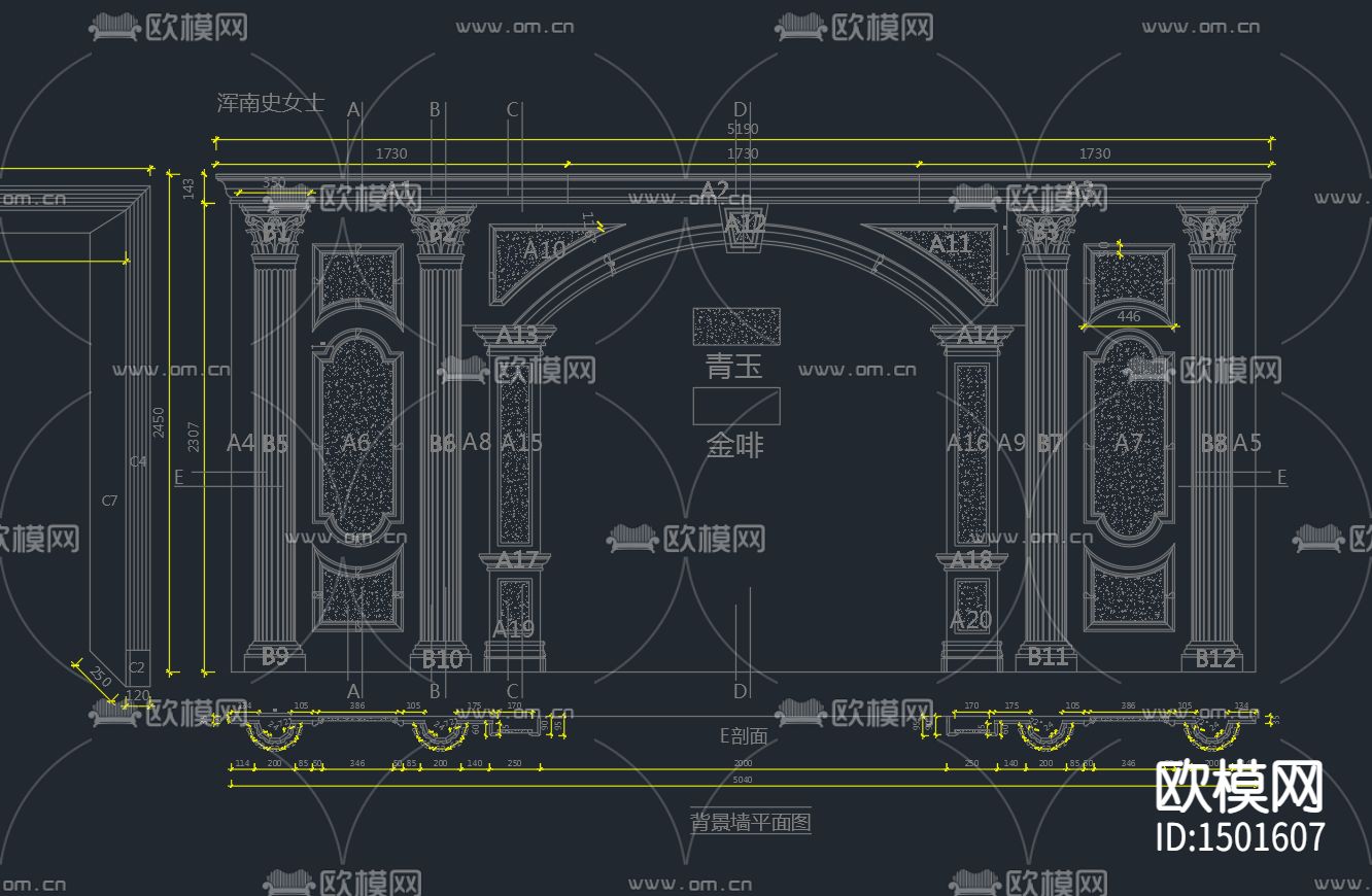 欧式背景墙cad立面图库下载（渲染图6）