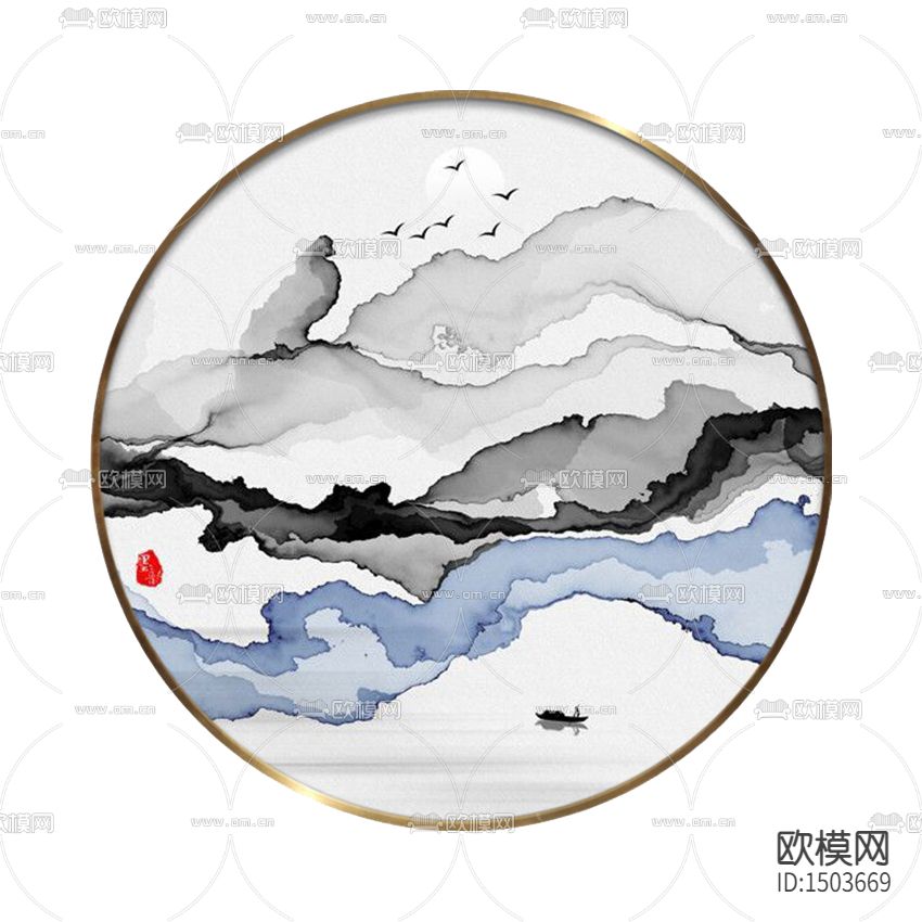 新中式禅意圆形彩色水墨抽象山水画