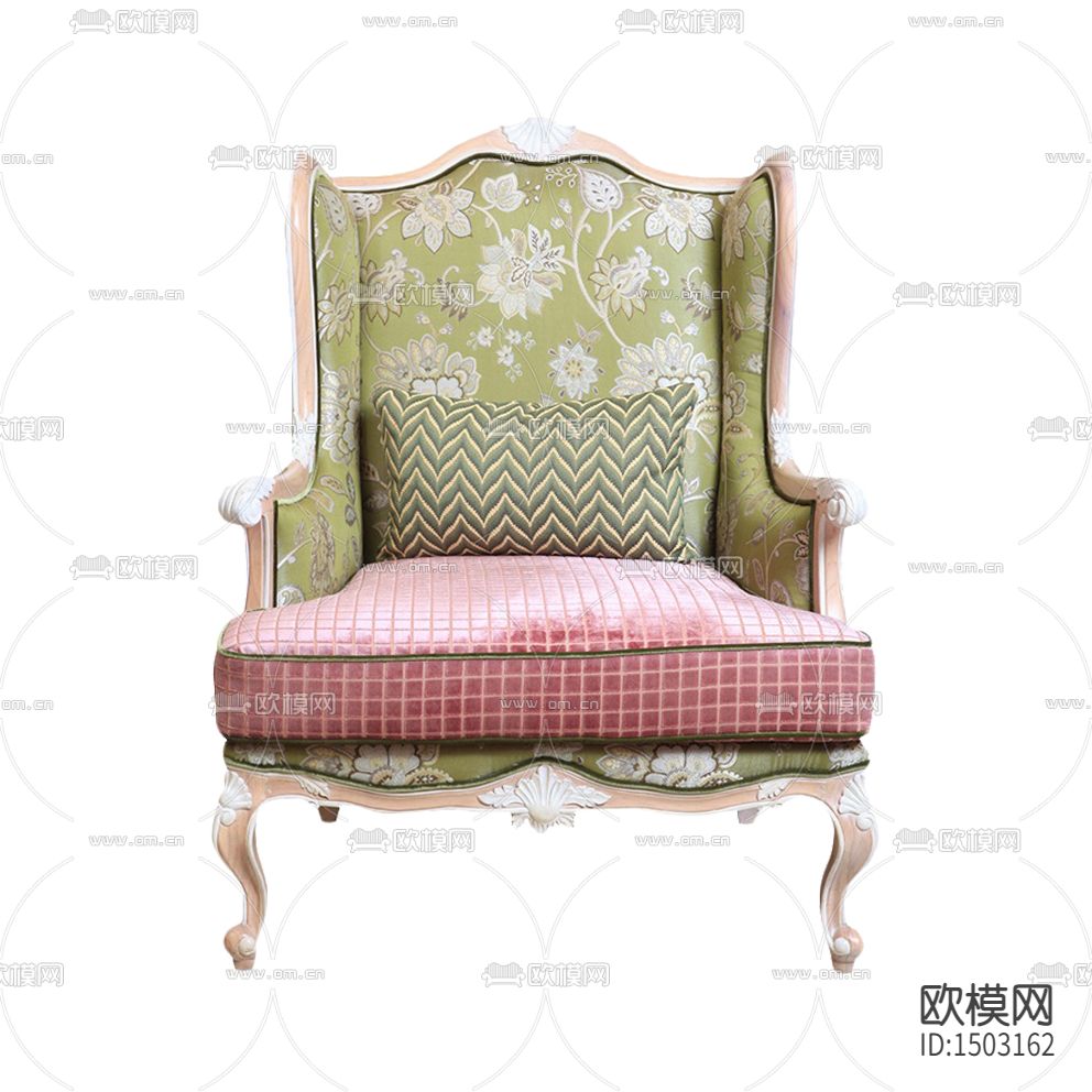 简欧创意实木雕花布艺单人沙发下载