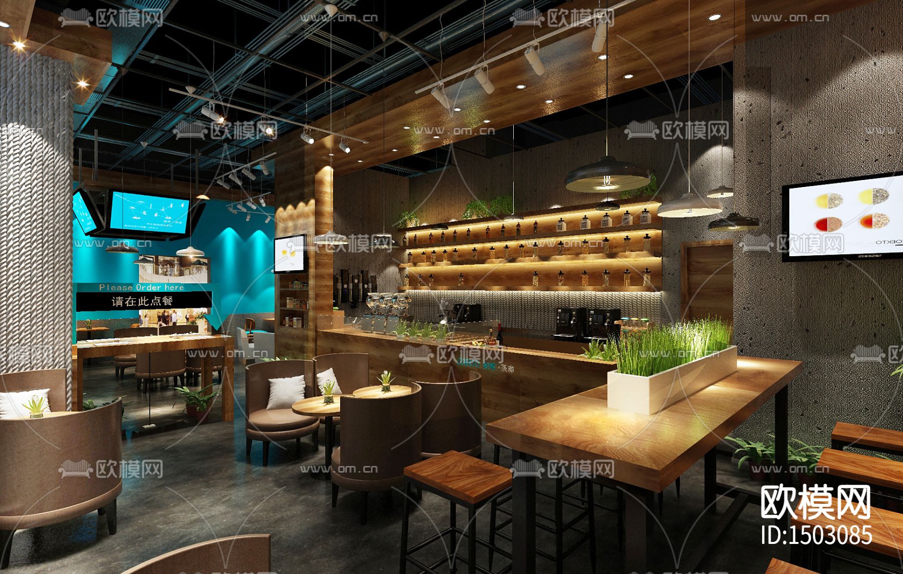 工业风西餐咖啡店cad施工图下载（渲染图1）