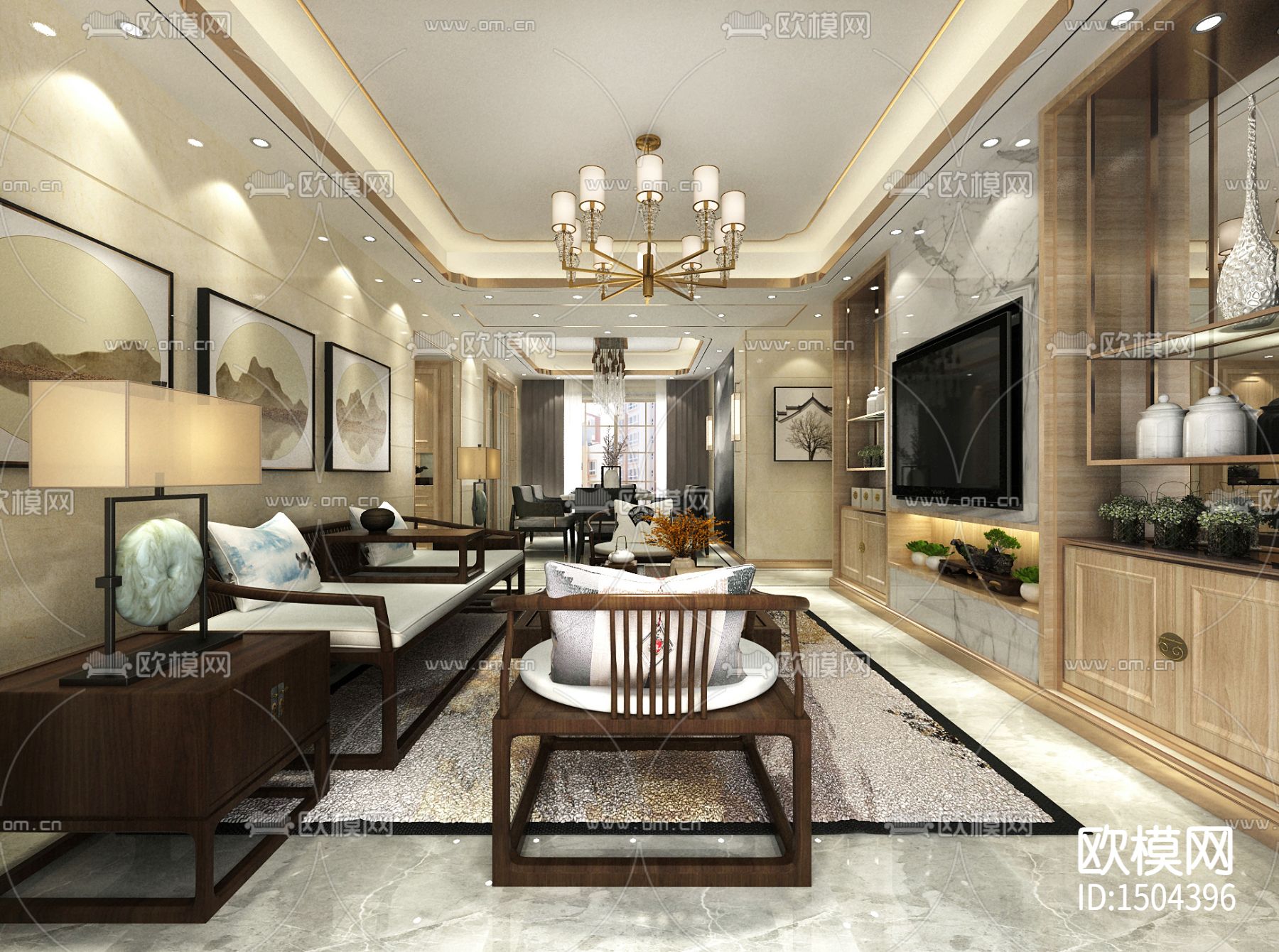 新中式样板房设计装修报建CAD图下载（渲染图1）