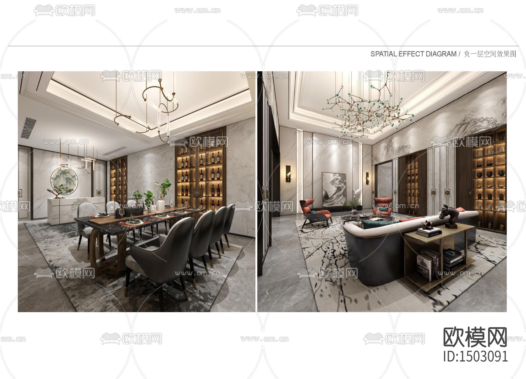 新中式全套别墅cad施工图下载（渲染图4）