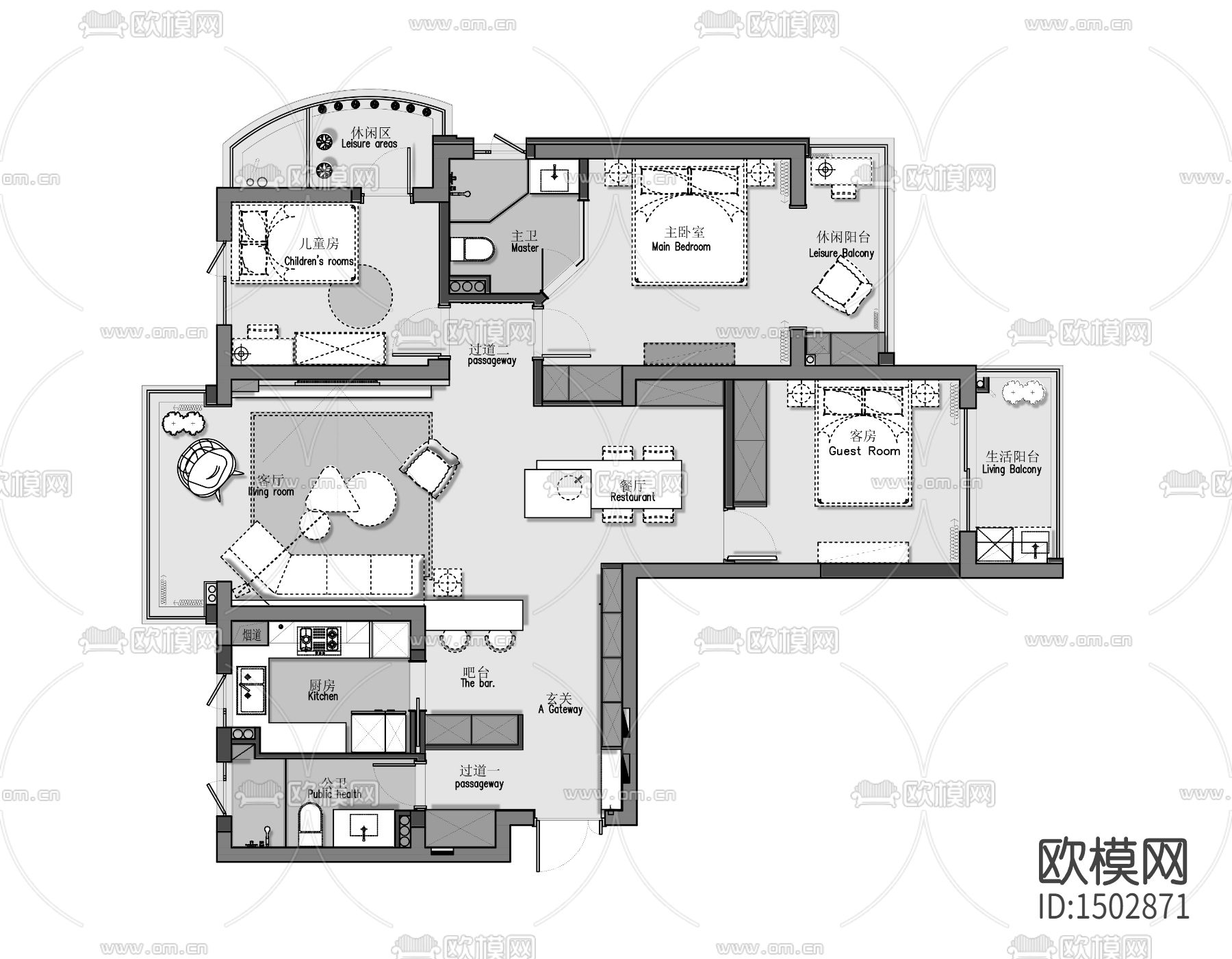 现代全套家装cad施工图下载（渲染图2）