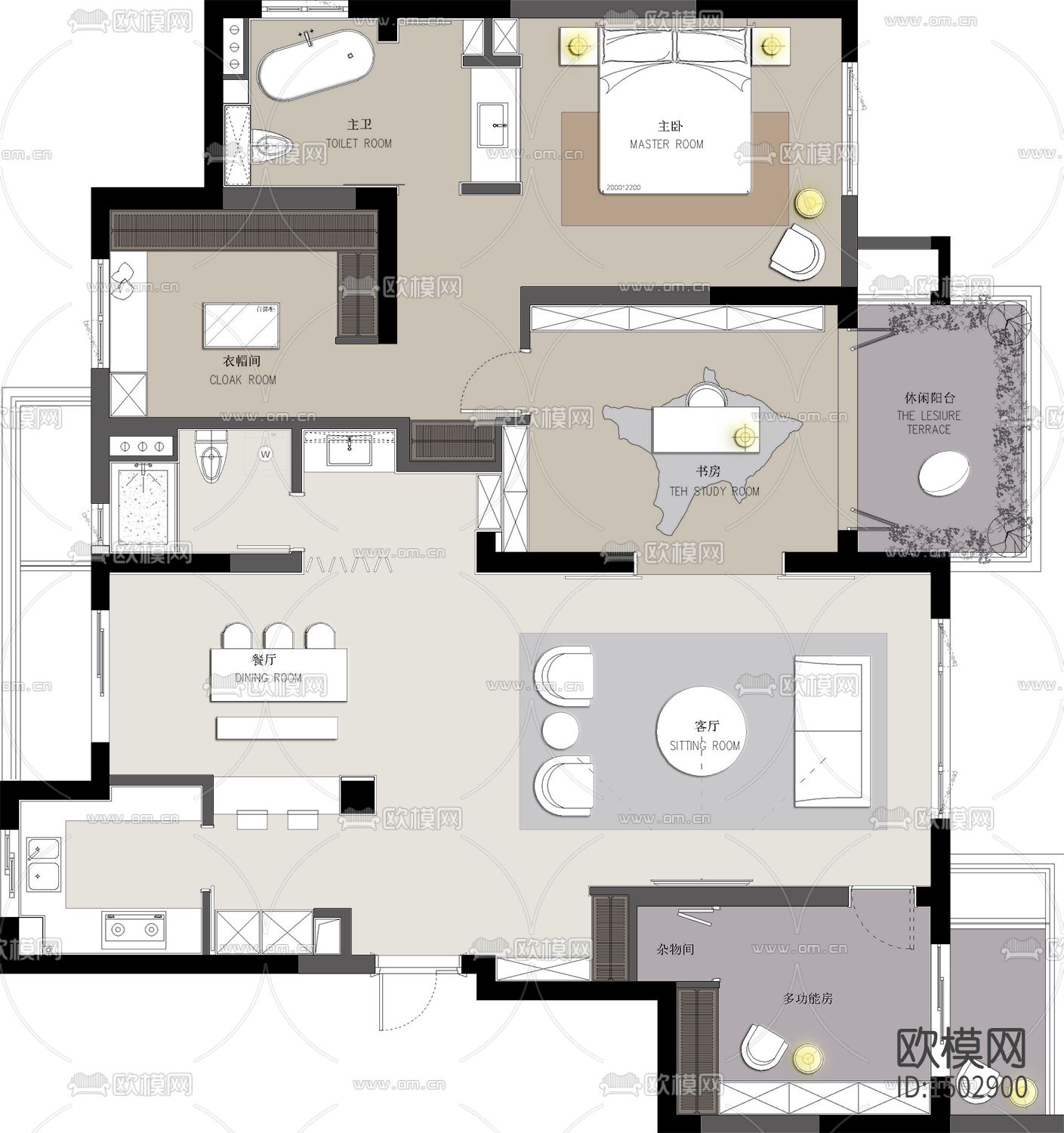 现代全套家装cad施工图下载（渲染图3）