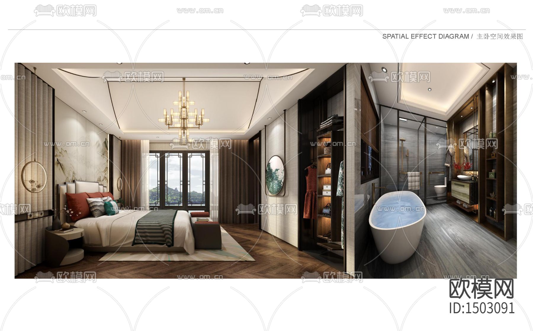 新中式全套别墅cad施工图下载（渲染图3）