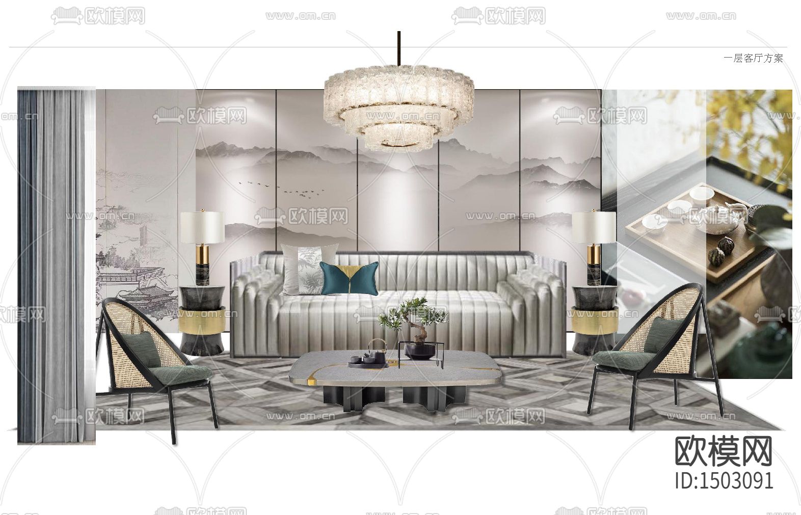 新中式全套别墅cad施工图下载（渲染图1）