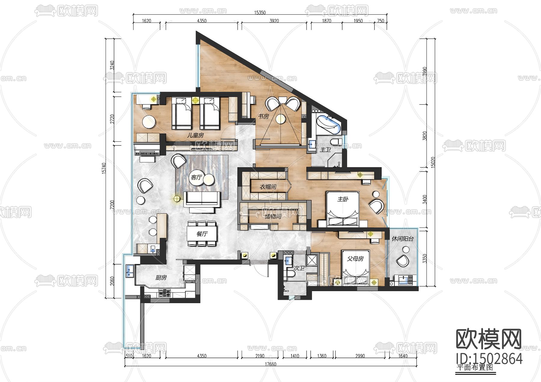 现代全套家装cad施工图下载（渲染图1）