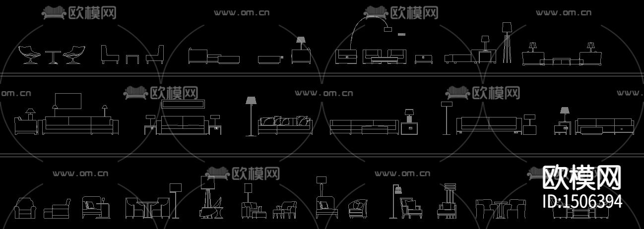 组合沙发单体沙发电视柜cad立面图库下载（渲染图3）