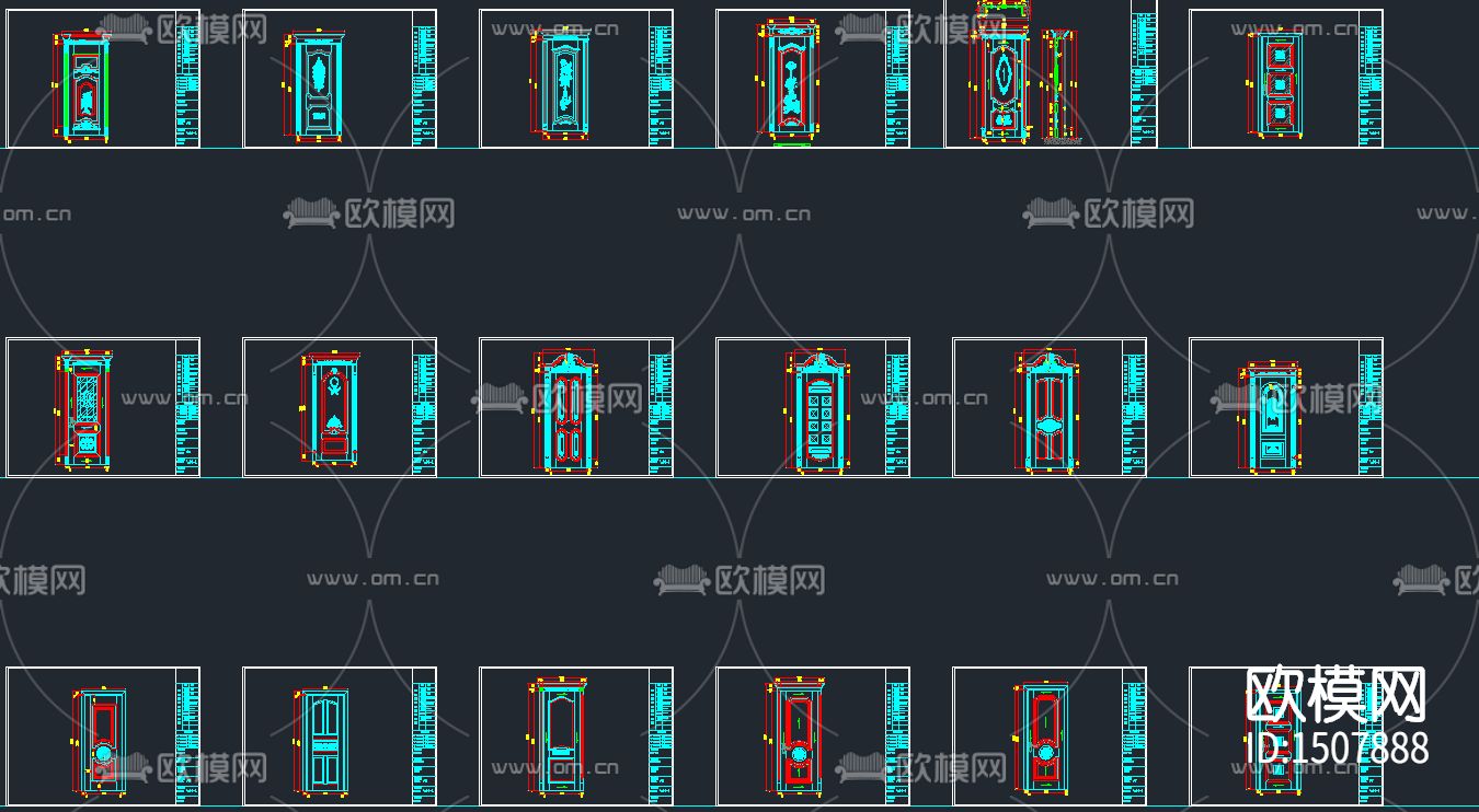 原木门雕花门型刀型门cad图库下载（渲染图2）