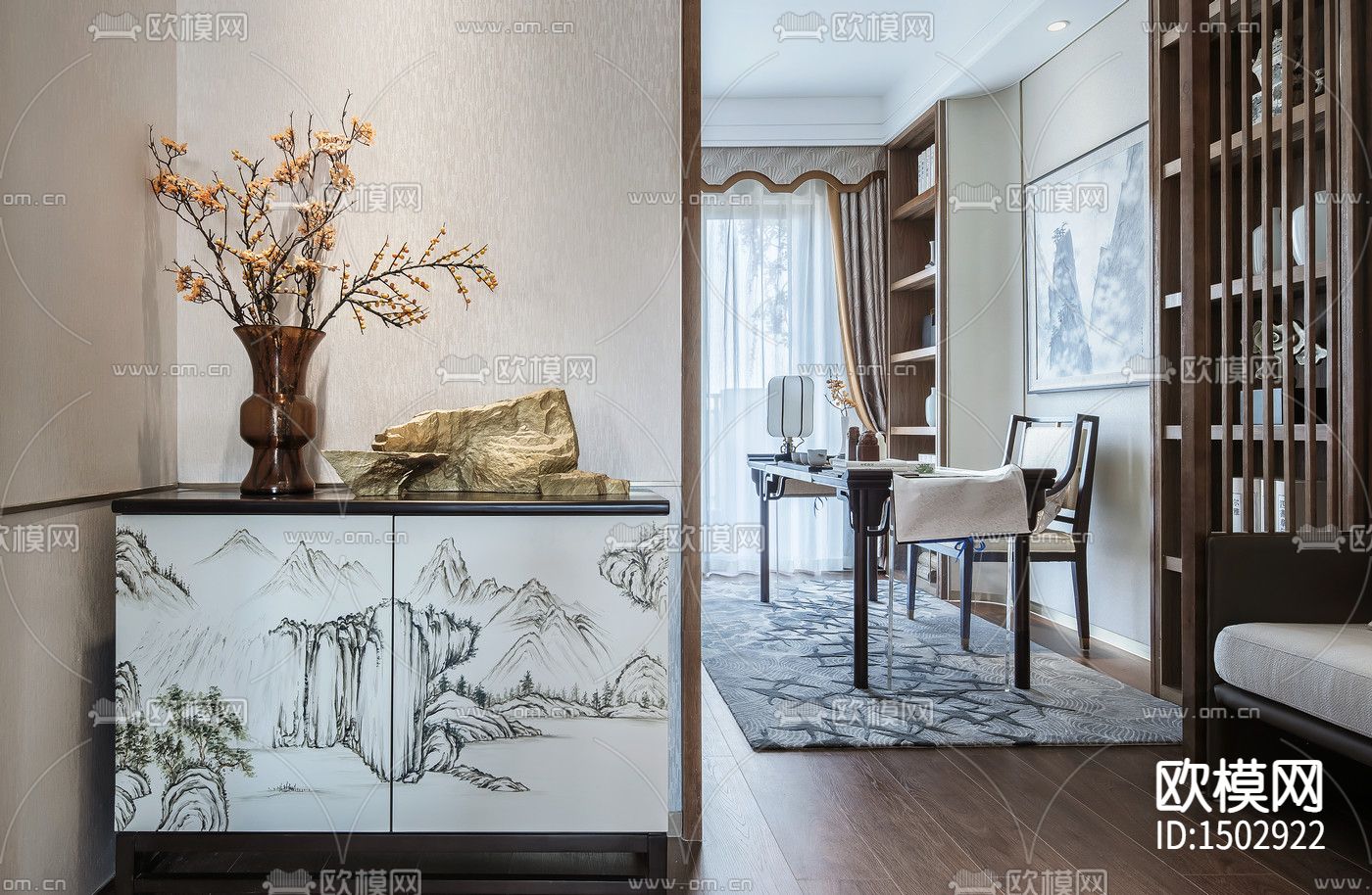 新中式家居cad施工图下载（渲染图3）