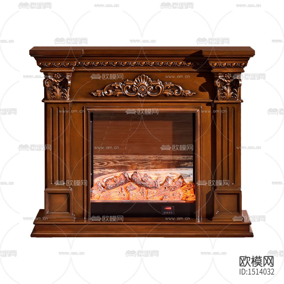 欧式古典实木雕花玻璃仿真壁炉下载
