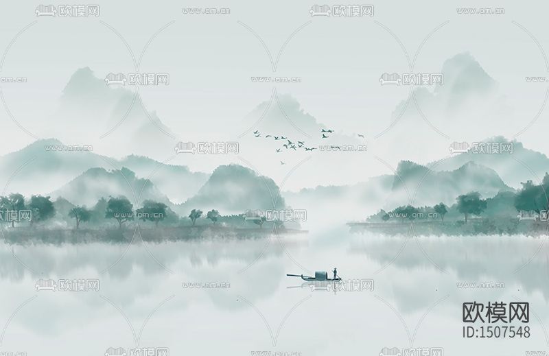 静山雾隐水墨画
