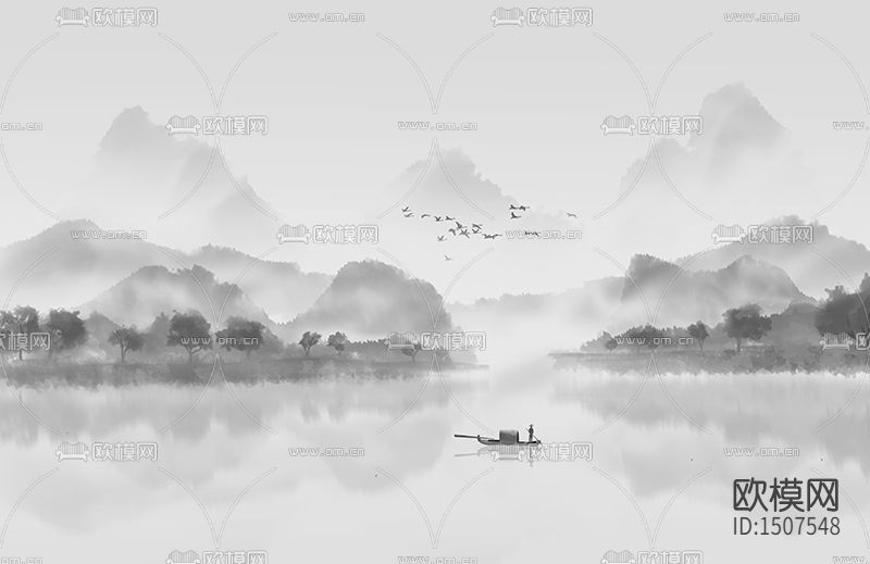 静山雾隐水墨画
