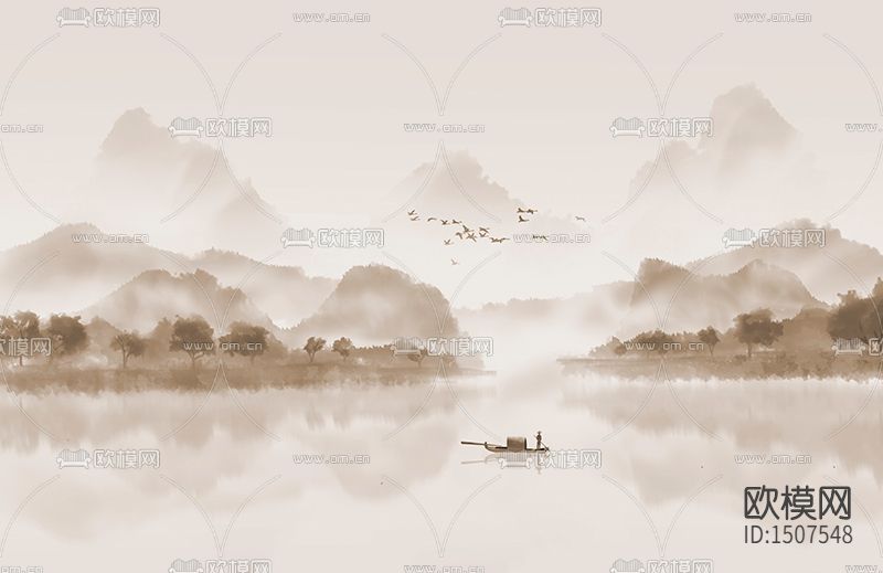 静山雾隐水墨画