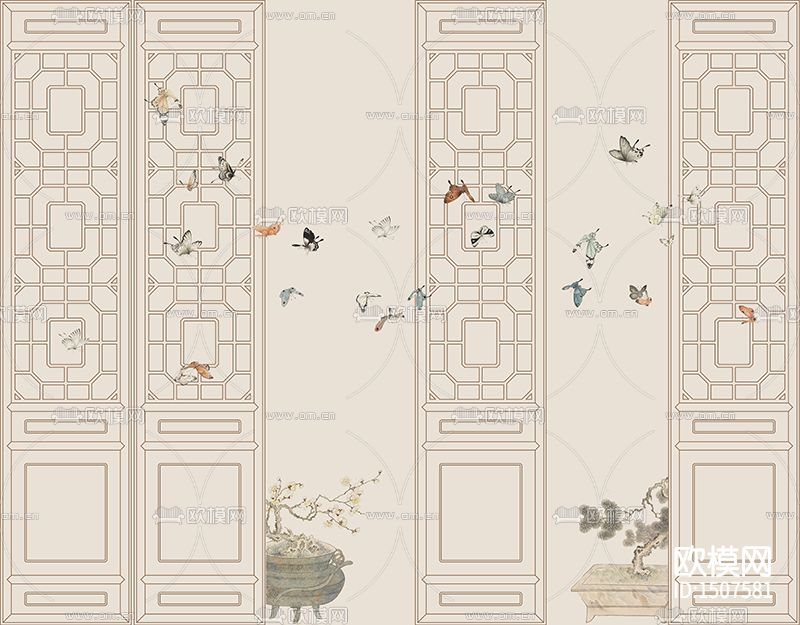 竹窗花鸟拼色下载（渲染图1）