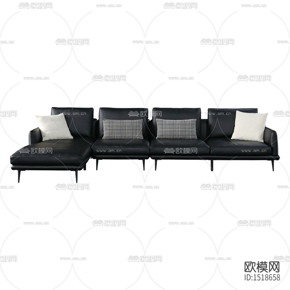 现代简约创意黑色皮革金属转角多人沙发下载