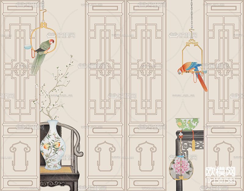 竹窗花鸟拼色下载（渲染图4）