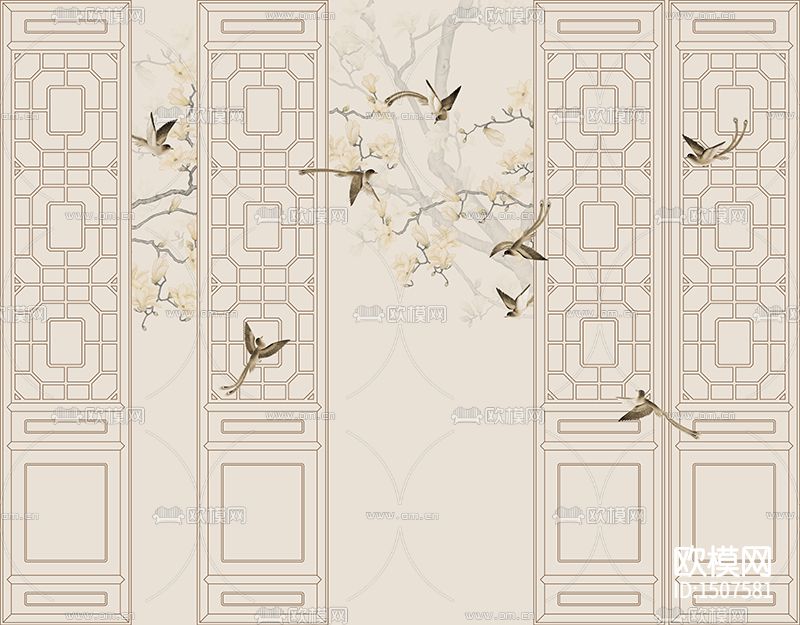 竹窗花鸟拼色下载（渲染图3）