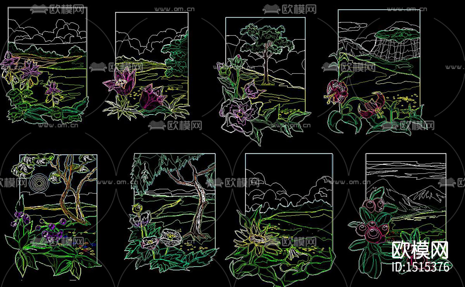 植物装饰画cad图库下载（渲染图2）