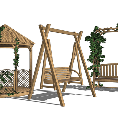  现代实木户外凉亭秋千su模型 