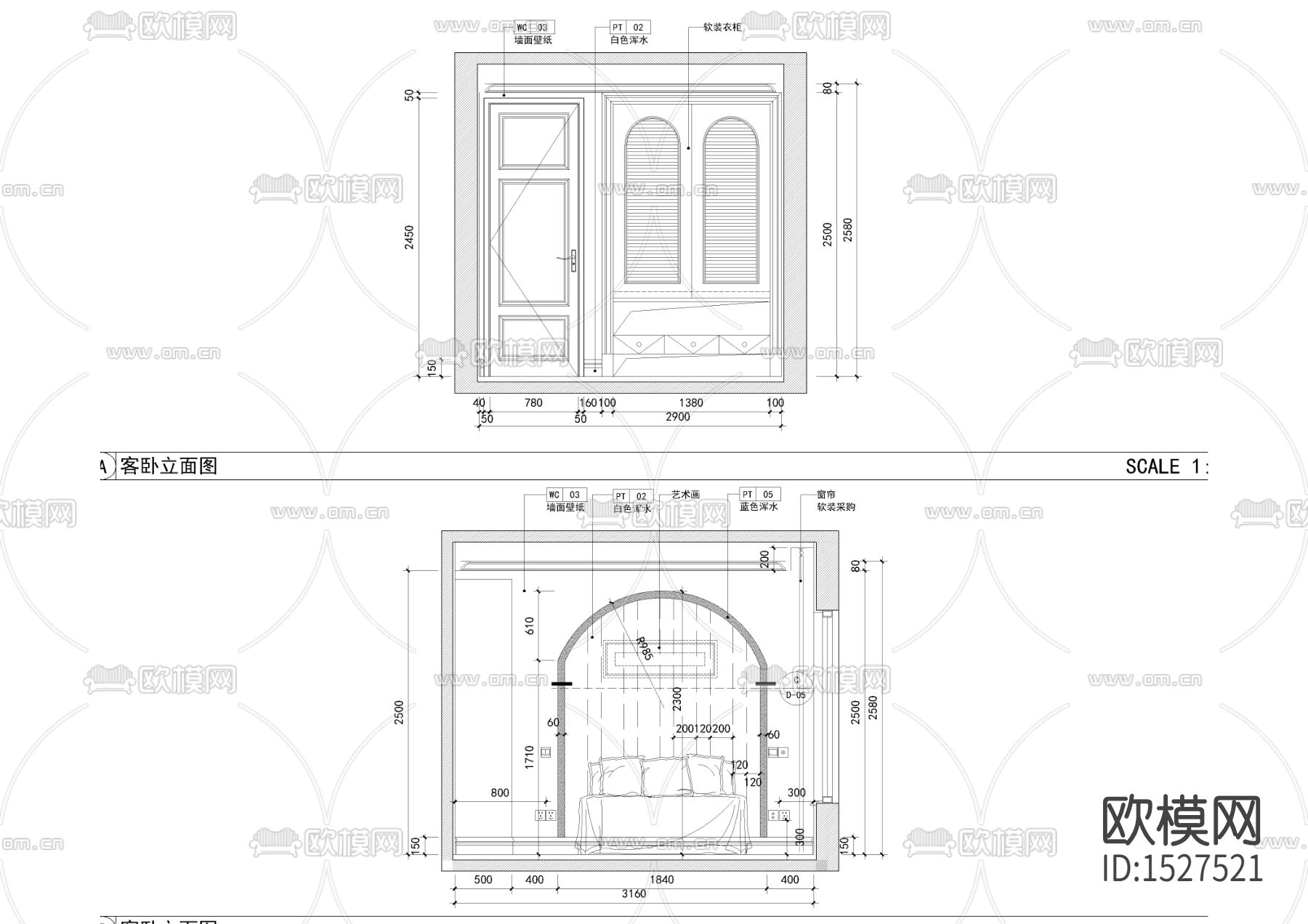 卧室立面cad施工图下载（渲染图1）