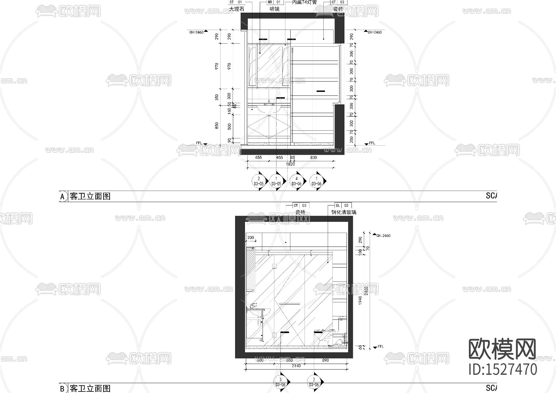 卧室卫生间cad立面图下载（渲染图3）