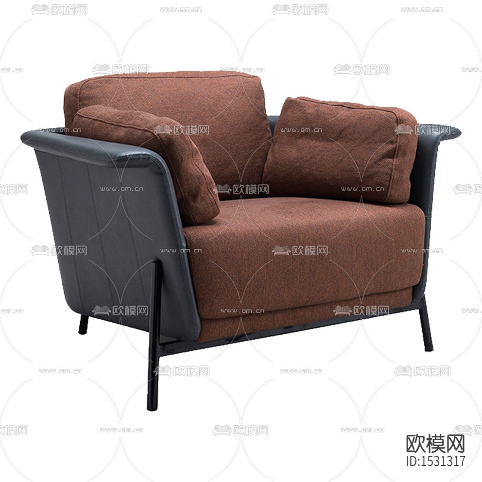 现代轻奢褐色布艺黑色皮革单人沙发下载