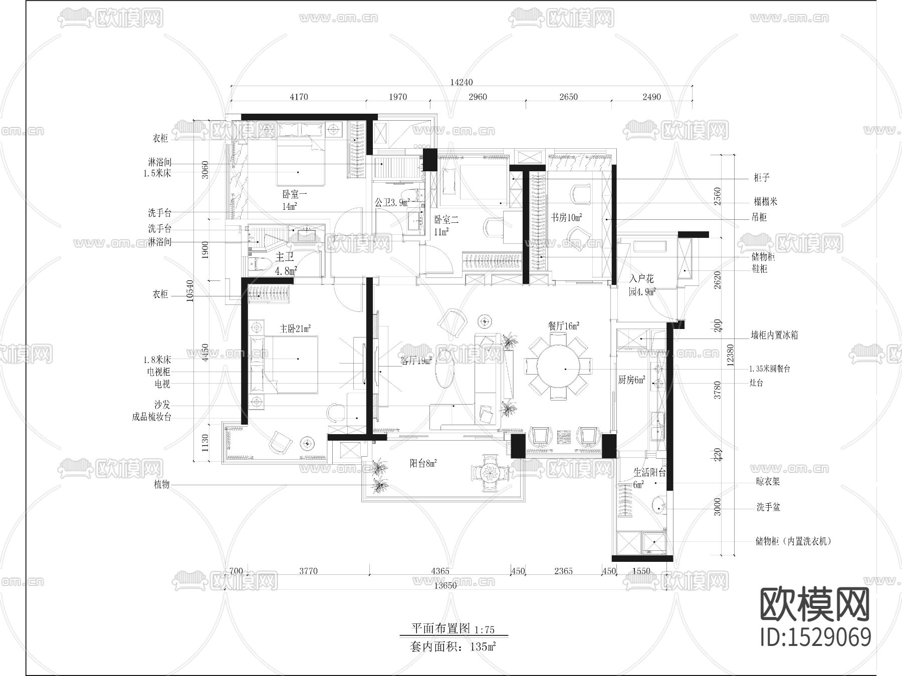 家居住宅cad施工图下载（渲染图1）