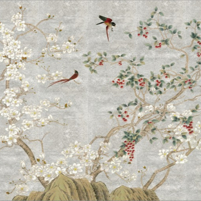  新中式古典彩绘花鸟壁纸 