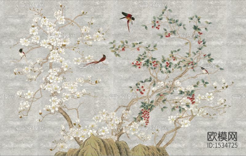 新中式古典彩绘花鸟壁纸下载