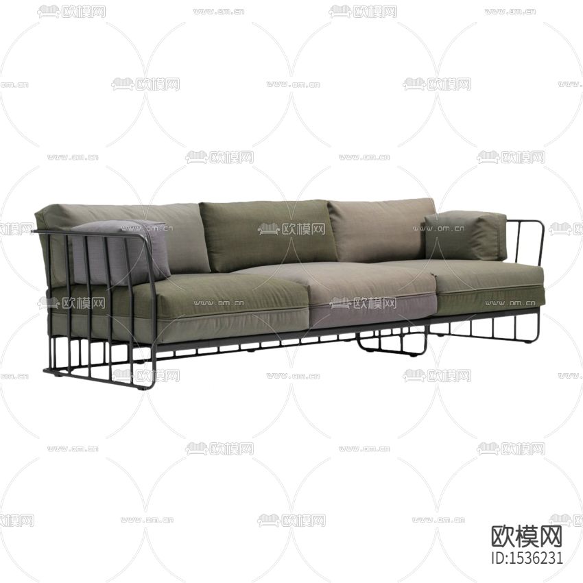北欧简约绿色布艺金属三人沙发下载