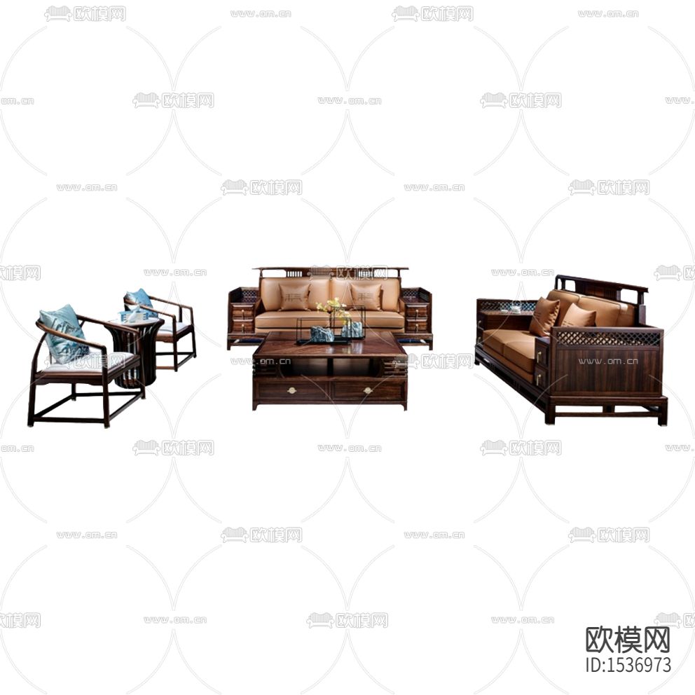 中式古典禅意实木皮革多人沙发组合