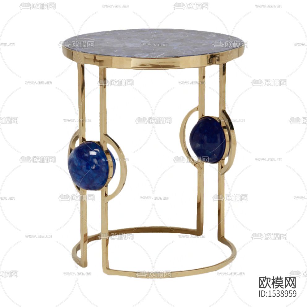现代轻奢蓝色玛瑙石金属大理石圆形边几下载