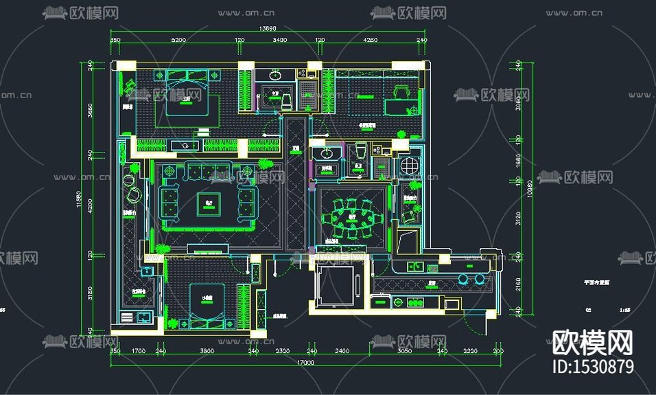 歐式三居室cad施工圖下載(渲染圖1)