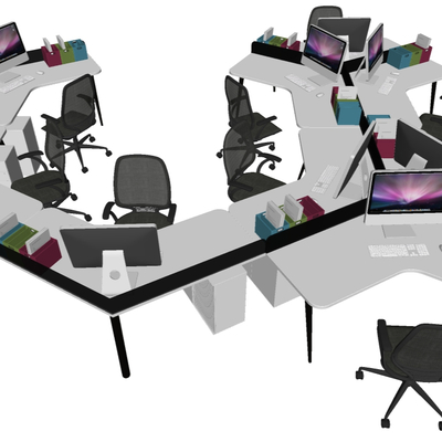  现代卡座员工办公桌su模型 