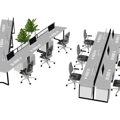  现代卡座员工办公桌su模型 