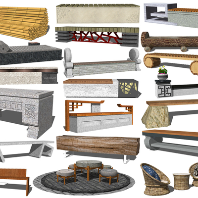  中式户外长凳su模型 